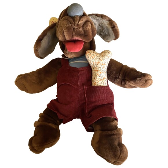 Ganz Bros Wrinkles The Brown Dog Hand Puppet Plush Overalls Puppy 17” With Bone - Picture 1 of 6